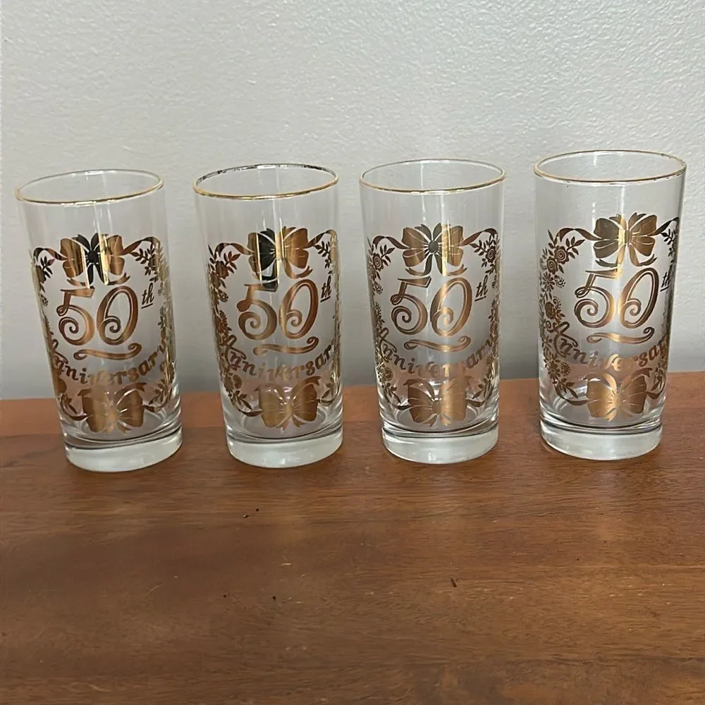 “50th Anniversary” Gold Rimmed Glasses Set of Four!
